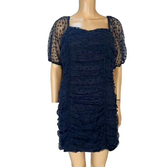 knee length dresses for ladies Dark Blue Swiss Dot Mesh Long Puff Sleeve Mini Dress